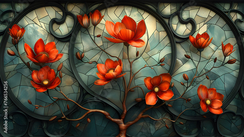 Captivating Art Nouveau Inspired Floral Stained Glass Mosaic Pattern with Vibrant Organic Designs and Elegant Curves photo