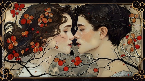 Intimate Embrace of Artfully Intertwined Figures in a Floral Art Nouveau Inspired Composition
