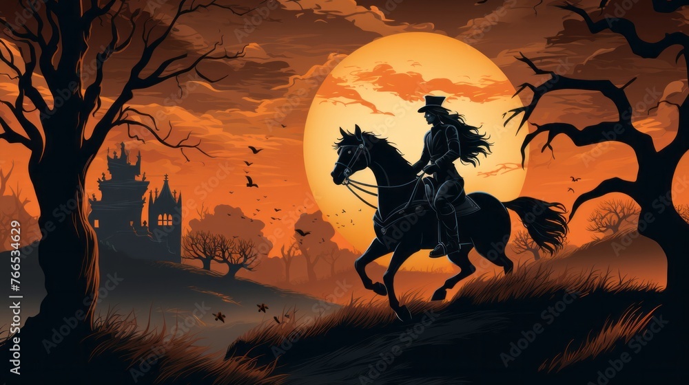 A woman riding a horse in a dark forest with a full moon in the background. Scene is eerie and mysterious