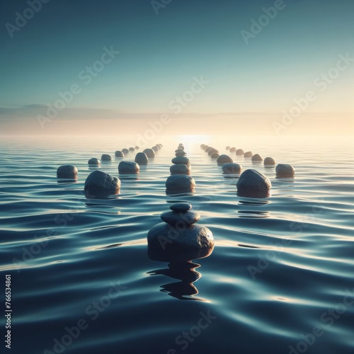 In a vast ocean  a serene scene unfolds with a row of stones gently resting in calm waters  evoking the concept of meditation through a tranquil 3D illustration