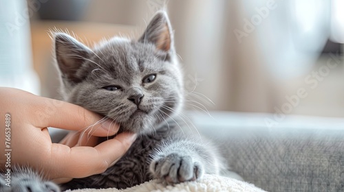 Happy kitten likes being stroked by woman's hand. The British Shorthair. Happy cute gray British short hair kitten likes being stroked by woman's hand on the chin, on modern home background. animals
