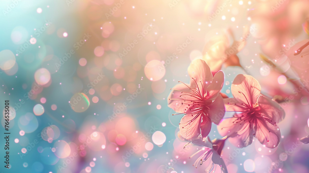 A shimmering spring banner. The concept of cherry blossoms. Blue sky, shimmering sun rays. A place to place a text, a business concept.