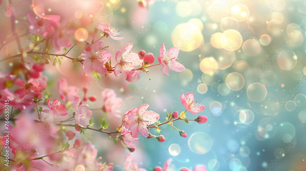 A shimmering spring banner. The concept of cherry blossoms. Blue sky, shimmering sun rays. A place to place a text, a business concept. A shimmering spring banner. The concept of cherry blossoms. Blue sky, shimmering sun rays. A place to place a text, a business concept.