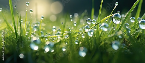 Sunlight filters through the background, illuminating tiny dew drops on vibrant green grass blades