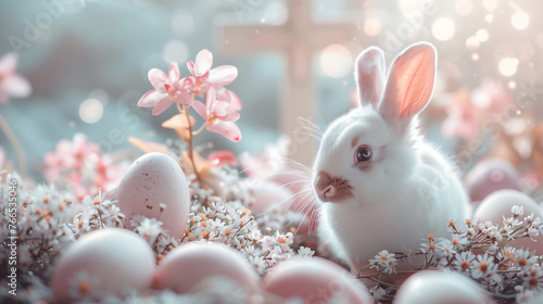 A flickering Easter banner. The Concept Of The Easter Holiday. Easter eggs, chickens, rabbits, spring grass, spring flowers. The sun's rays. Christian Easter attributes. A place to place a text, a bus © Надежда Измайлова