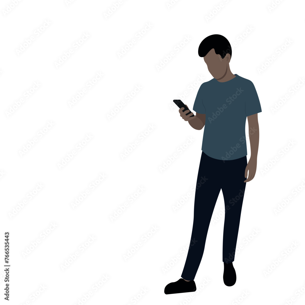 Full-length dark-skinned guy with a phone in his hand, isolate on white, addiction to gadgets