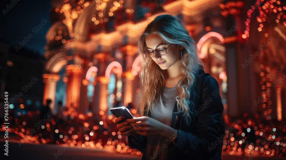 Woman reads messages on her smartphone while shopping Woman reads messages on her smartphone while shopping