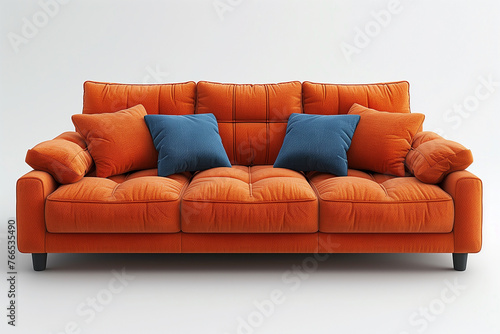 Modern orange color luxury sofa and blue pillow on isolated white background.Copy and text space