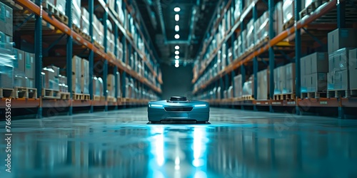 AGV robot transporting goods in warehouse for efficient logistics. Concept Warehouse Automation  AGV Robots  Efficient Logistics  Technology in Warehousing