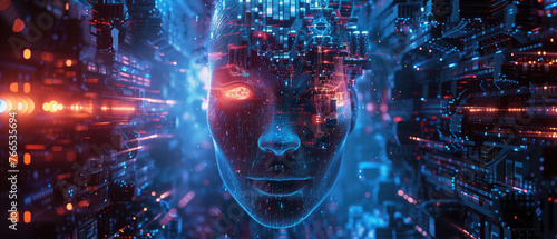 Face of humanoid AI robot on blue background, portrait of artificial intelligence. Concept of futuristic technology, problem, digital future, art.