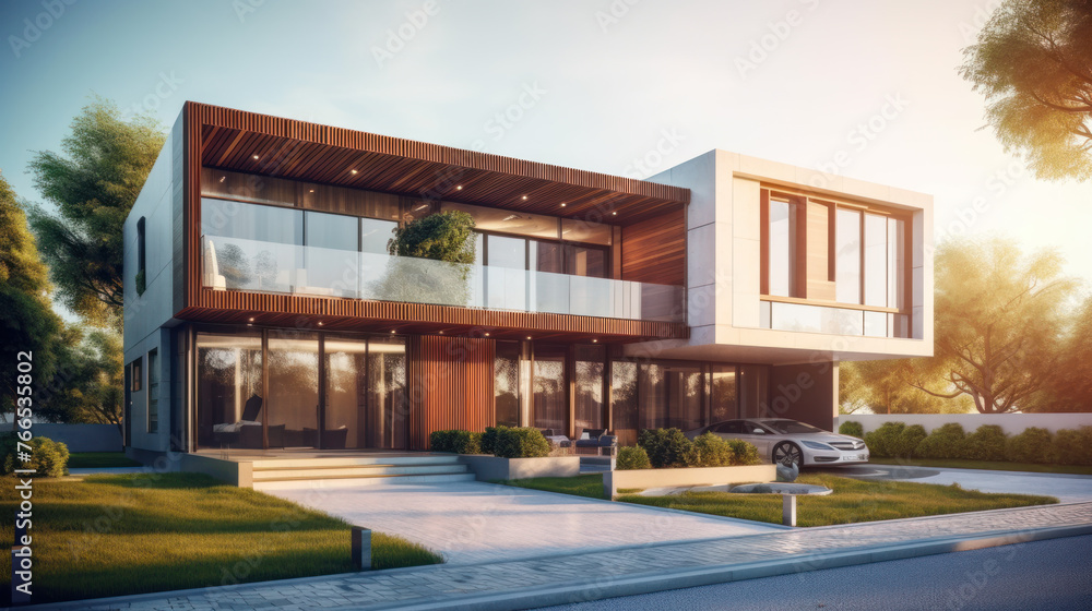 Residential sustainable house, modern mansion with woodwork and lights in forest in summer. Concept of design, family, home, estate, property, road