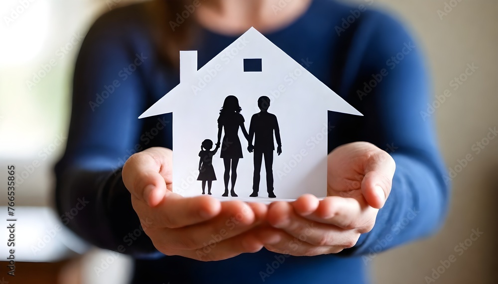 house in hand, Man around 30 years old, with two children around 8 years old, with a painted house outline above their heads house in hand, Man around 30 years old, with two children around 8 years old, with a painted house outline above their heads