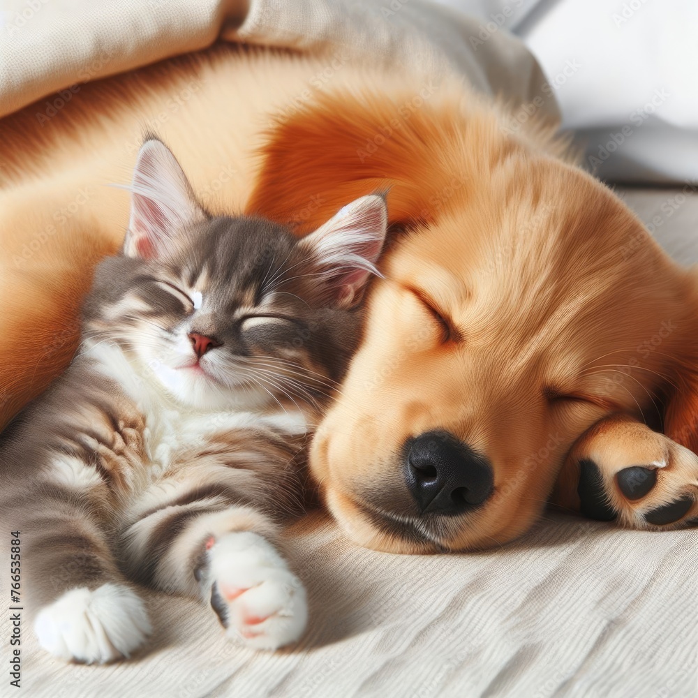 Obraz premium In a heartwarming display of companionship, a cat and a dog peacefully slumber side by side, embodying the bond of love and friendship between different species, highlighting the joy