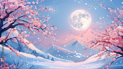 Landscape of cherry trees and mountain, scenery of pink blooming sakura, snow and moon in spring or winter. Concept of travel, nature, japan,