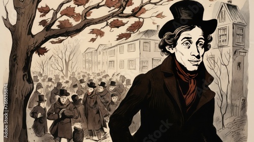 A man in a hat is walking down a street with a crowd of people behind him. The man is wearing a black coat and a red scarf. The image has a vintage feel to it, and it seems to be a political cartoon photo