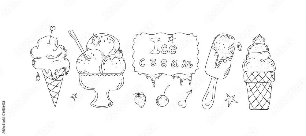 Ice cream drawings. Set of hand drawn linear icons, doodles. Ice cream, popsicle, ice. Hand lettering. Vector illustration, background isolated white.