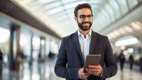 A man in a suit is smiling while looking at his cell phone