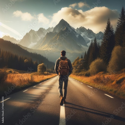 A traveler strides along the road leading towards majestic mountains, each step a testament to the journey ahead, filled with anticipation and wonder.