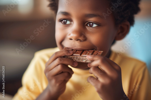 Smiling black child savors chocolate at home, unhealthy lifestyle concept