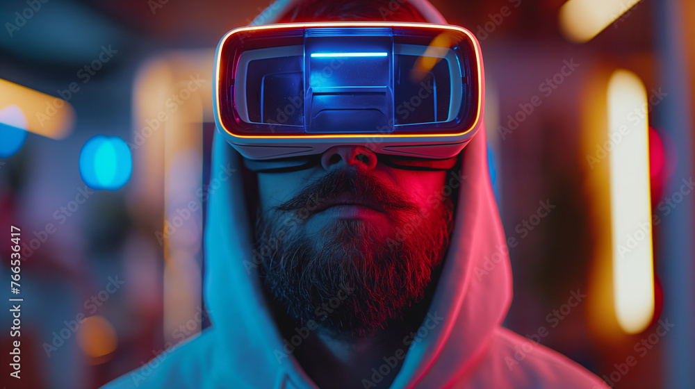 Tech-savvy bearded male in casual hoodie, engaged in VR exploration Tech-savvy bearded male in casual hoodie, engaged in VR exploration
