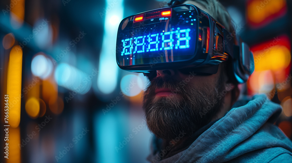 Tech-savvy bearded male in casual hoodie, engaged in VR exploration