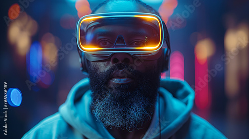 Tech-savvy bearded male in casual hoodie, engaged in VR exploration