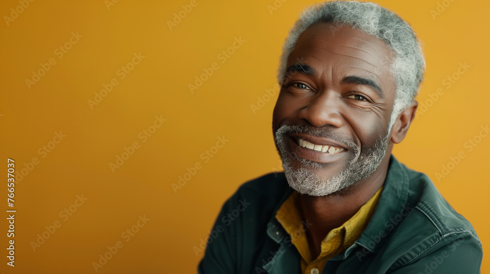 Senior African man with sophisticated charm dressed in expensive, but casual clothes on vibrant yellow background, copy space Senior African man with sophisticated charm dressed in expensive, but casual clothes on vibrant yellow background, copy space