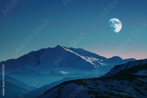 A tranquil night sky dotted with stars hangs over a majestic snow-capped mountain range, illuminated by the gentle glow of a full moon.