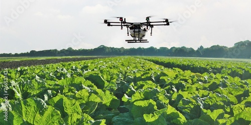 Future agricultural technology using drones to work to reduce labor, system in the field.  photo