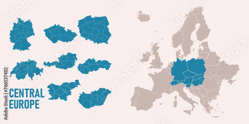 Central Europe map. Switzerland, Germany, Poland, Hungary, Austria maps with regions. Europe map isolated on white background. High detailed. Vector illustration