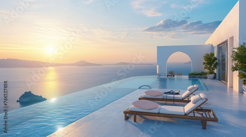 vacation, couple on the beach near swimming pool, luxury travel. Traditional mediterranean white architecture with arch sunset. Summer vacation concept.Happy viewpoint and enjoys © Sittipol 