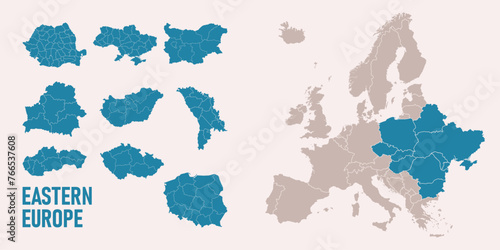Eastern Europe map. Ukraine, Belarus, Moldova, Romania, Bulgaria, Hungary, Slovakia, Czechia, Poland maps with regions. Europe map isolated on white background. High detailed. Vector illustration