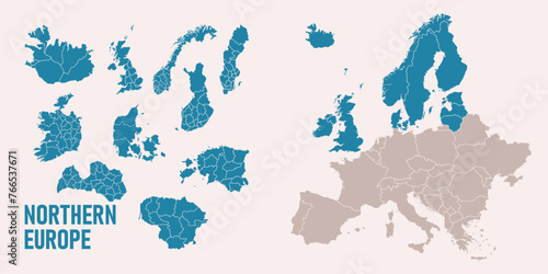Northern Europe map. Iceland, Ireland, United Kingdom, Denmark, Norway, Sweden, Finland, Estonia, Latvia, Lihtuania maps with regions. Europe map isolated on white background. High detailed