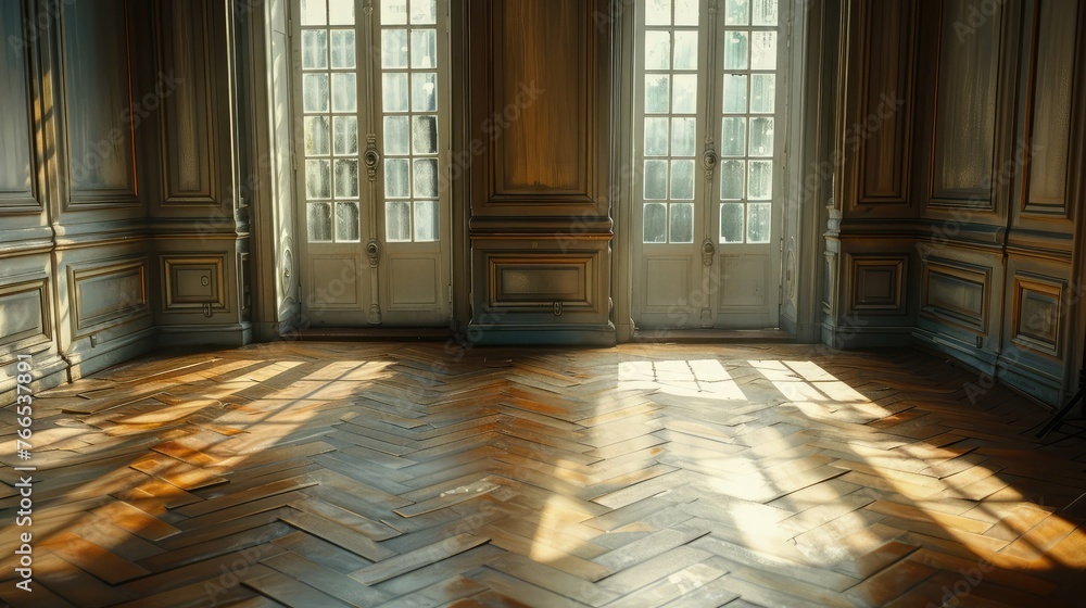Empty sunlit room with wooden parquet floor.