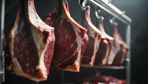Rows of fresh hung half cow chunks in a large fridge in the meat industry photo