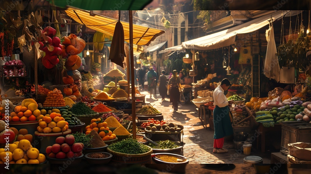 A bustling marketplace teeming with colorful stalls and the aromas of exotic spices and fresh produce.