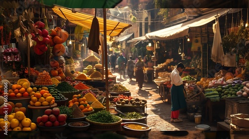 A bustling marketplace teeming with colorful stalls and the aromas of exotic spices and fresh produce.