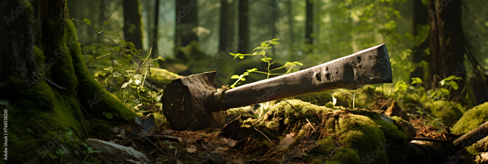 Rustic Ax Deeply Embedded in Forest Tree Trunk, Representing Human Interaction with Woodland Nature - obrazy, fototapety, plakaty 