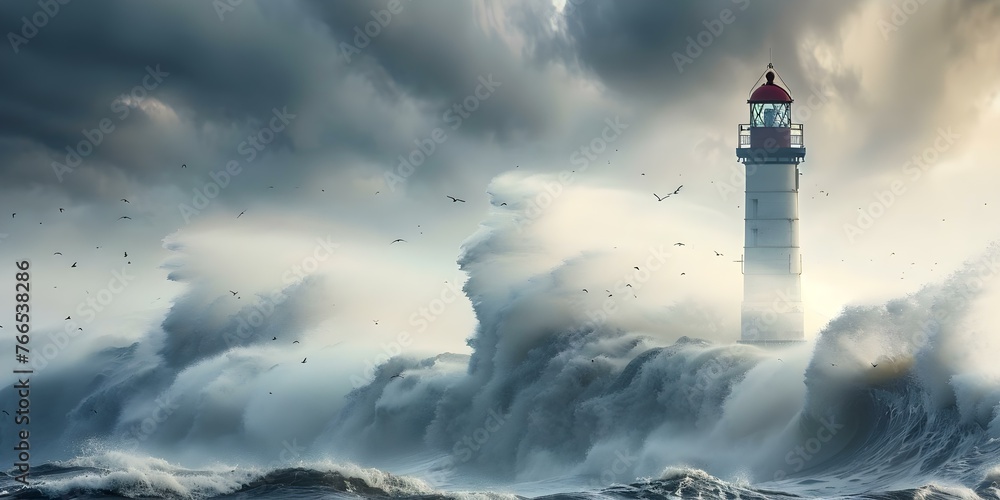 The Symbolism of Maritime Safety and History: An Iconic Lighthouse Guiding Ships Through Rough Waters. Concept Maritime Safety, Lighthouse Symbolism, History of Navigation, Rough Waters