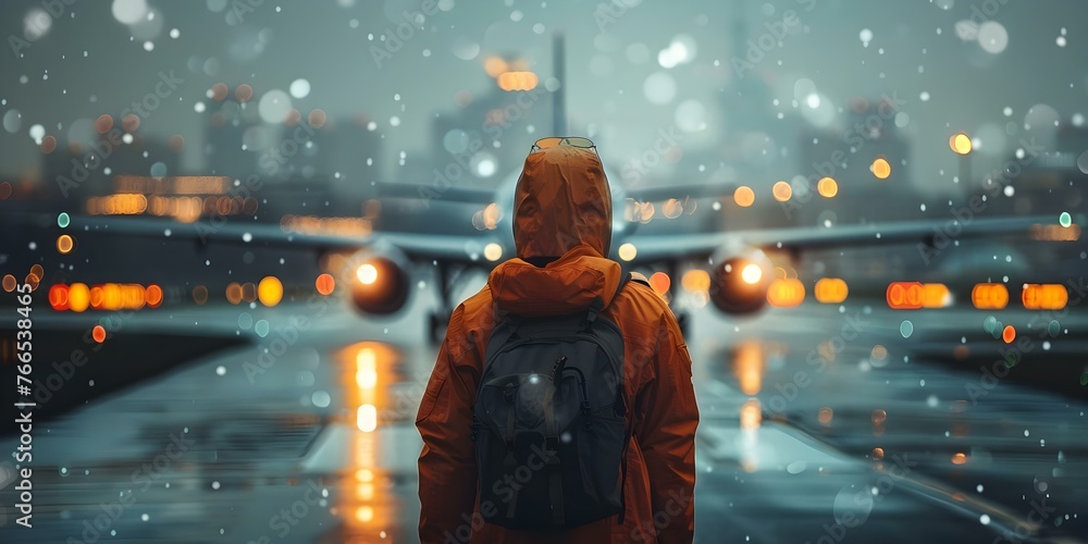 Aviation marshaller guiding a plane for landing against a blurred cityscape background on a rainy day. Concept Aviation, Marshaller, Plane Landing, Cityscape, Rainy Day - obrazy, fototapety, plakaty 