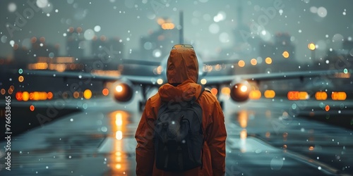 Aviation marshaller guiding a plane for landing against a blurred cityscape background on a rainy day. Concept Aviation, Marshaller, Plane Landing, Cityscape, Rainy Day