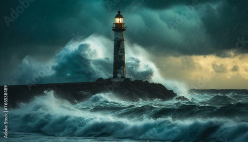 Storm with big waves over the lighthouse 