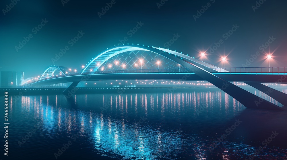 Naklejka premium A futuristic bridge stretching gracefully across a serene river, illuminated by the soft glow of streetlights.