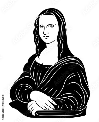Leonardo da Vinci -  Mona Lisa. Gioconda. Joconde. Template, patternline, silhouette, tattoo. Stamp. Isolated vector illustration.