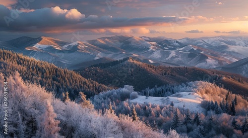In Ukraine, the Carpathian mountains plateau is covered in snow during early spring, with the ridge