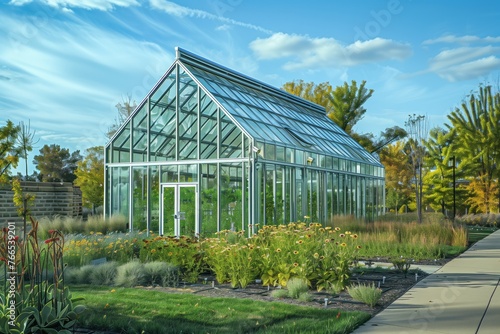 Glass greenhouse for gardening, homegrown produce, and country living. Greenhouse stands amidst lush greenery, surrounded by a serene landscape, evoking the tranquility and beauty of rural life. 
