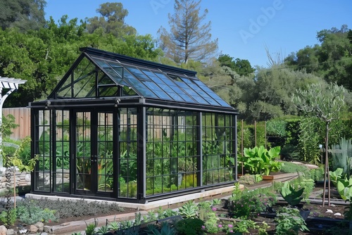 Glass greenhouse for gardening, homegrown produce, and country living. Greenhouse stands amidst lush greenery, surrounded by a serene landscape, evoking the tranquility and beauty of rural life.  © Ilia