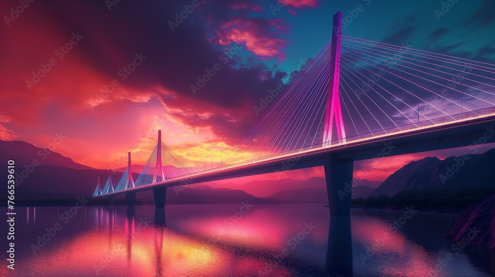 Fototapeta premium A modern, multi-lane cable-stayed bridge illuminated by the vibrant colors of a sunset.