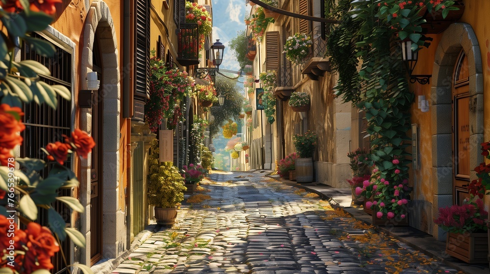 A quaint cobblestone alleyway lined with centuries-old buildings, adorned with colorful shutters and hanging flower baskets.