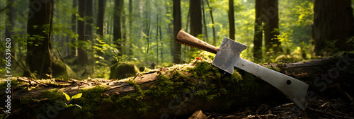 Rustic Ax Deeply Embedded in Forest Tree Trunk, Representing Human Interaction with Woodland Nature